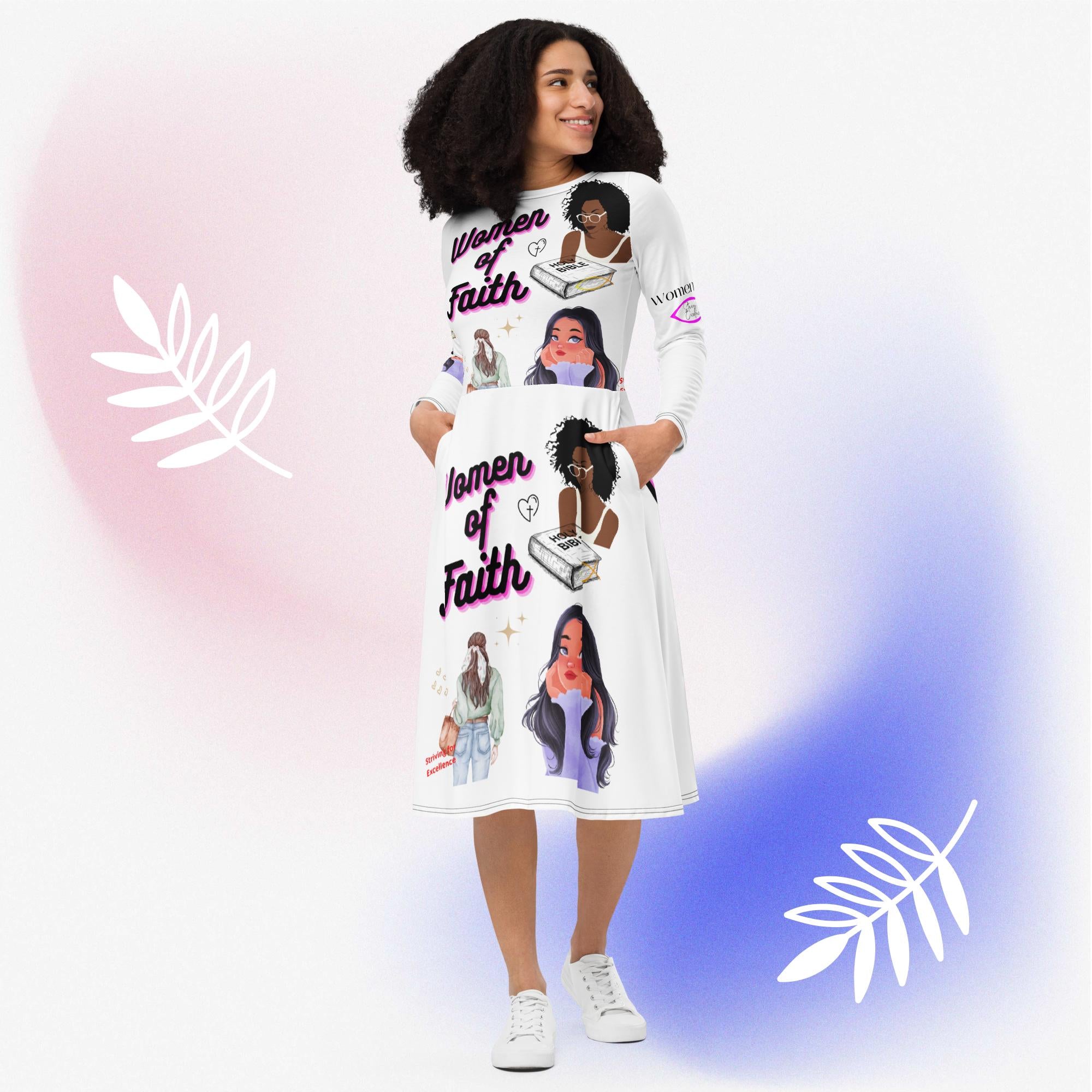 Women of Faith All-over print long sleeve midi dress  Strivingforexcellence